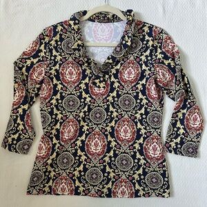 J McLaughlin Catalina Cloth Durham Ruffle Blouse Navy Paisley Old Money Size S